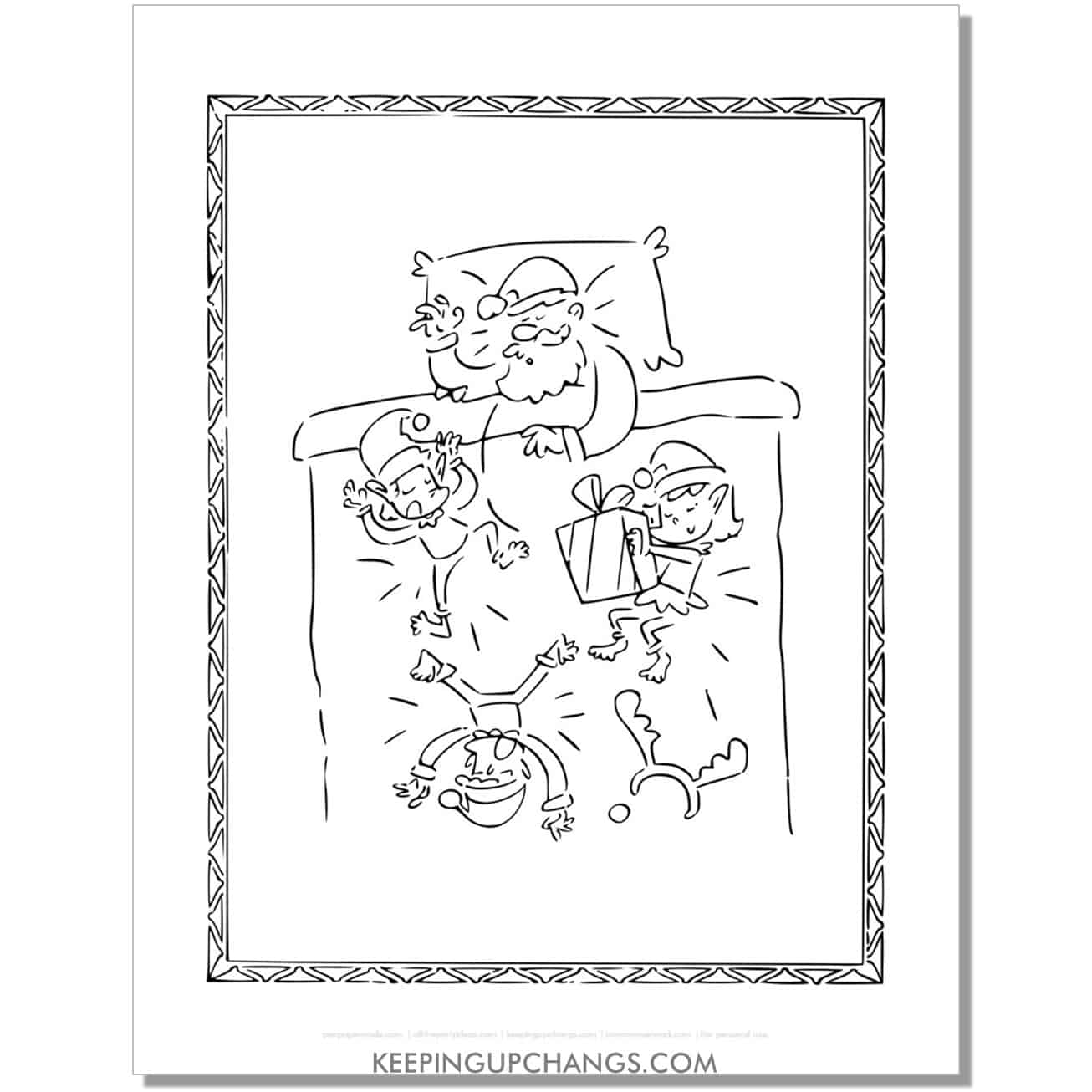 free funny santa sleeping with elves coloring page.