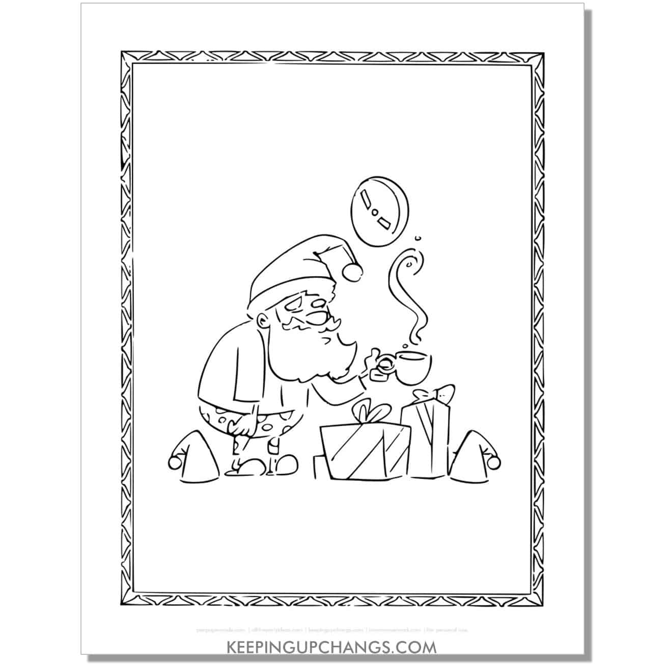 free funny santa drinking coffee in pajamas coloring page.