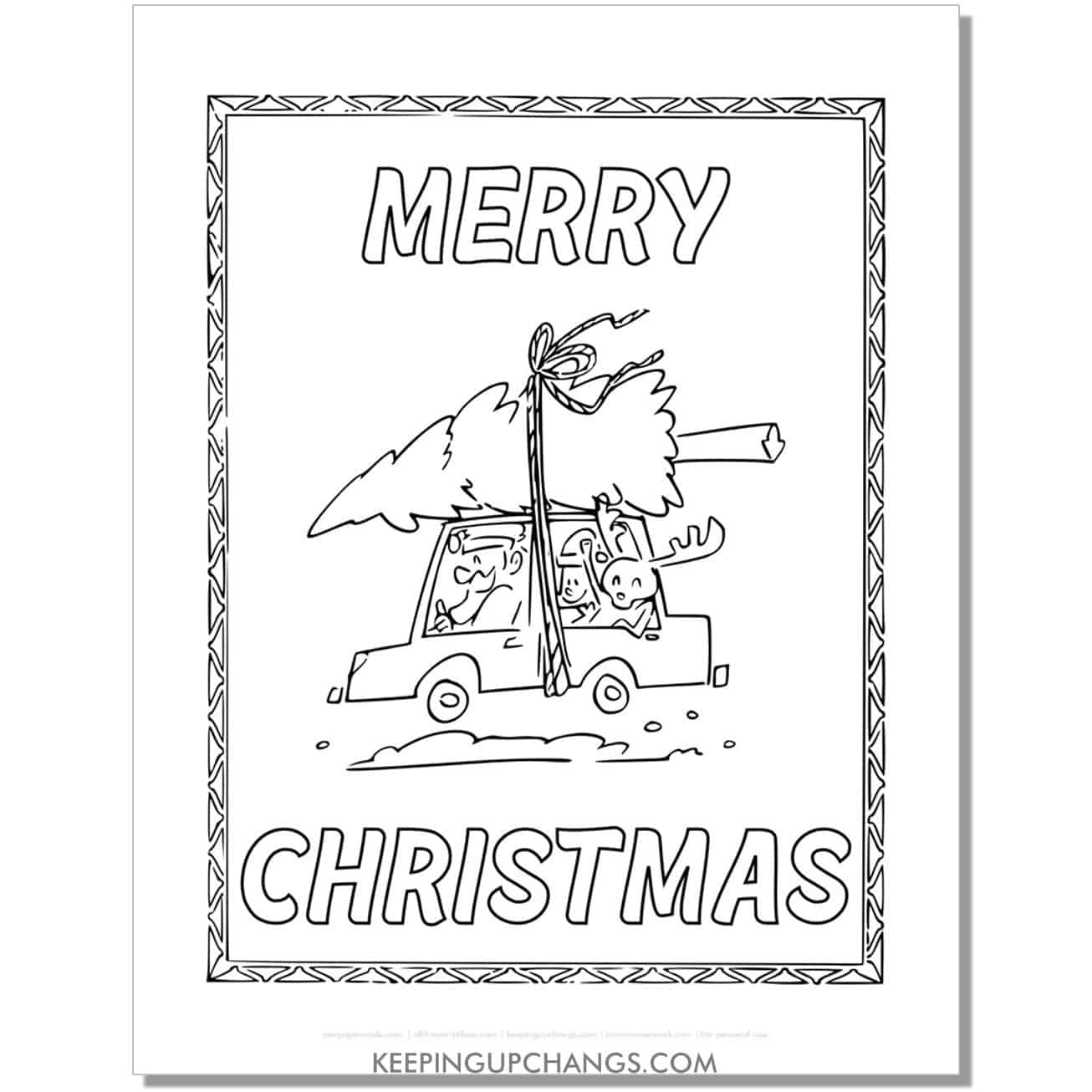 free merry christmas santa, elf, reindeer with fresh cut tree coloring page.