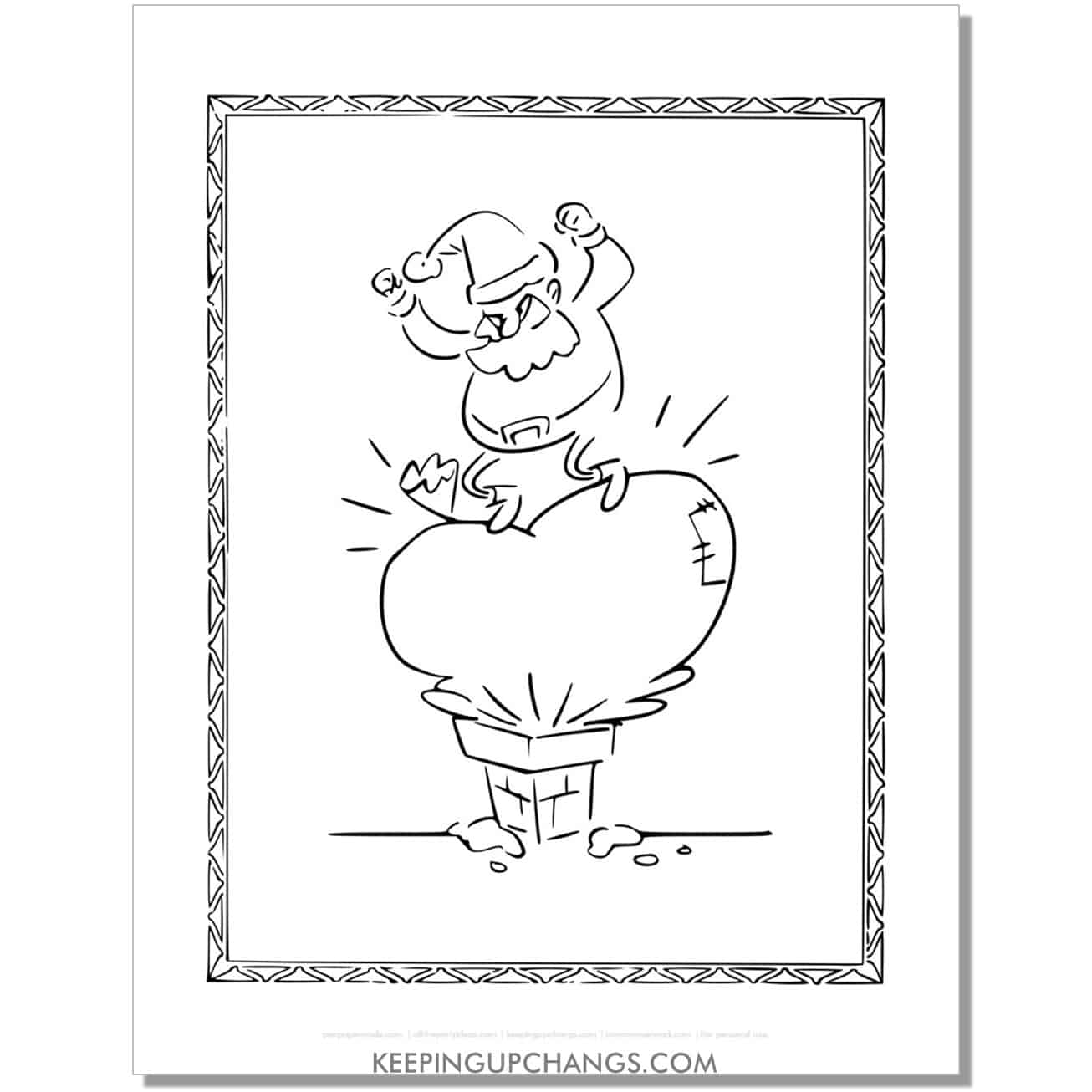 free funny santa stuffing toy sack in chimney coloring page.