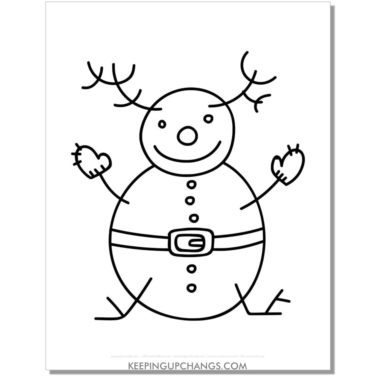 free snowman with reindeer antlers, santa belt drawing coloring page.