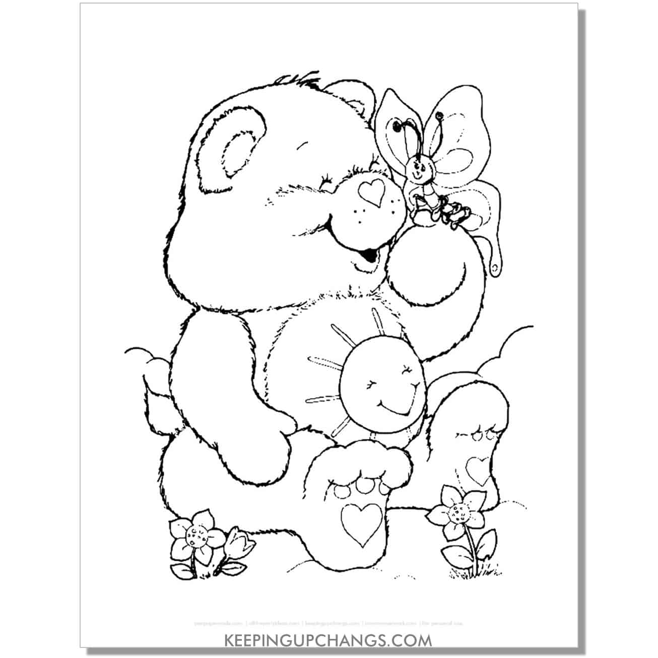 funshine bear playing with butterfly care bear coloring page, sheet.