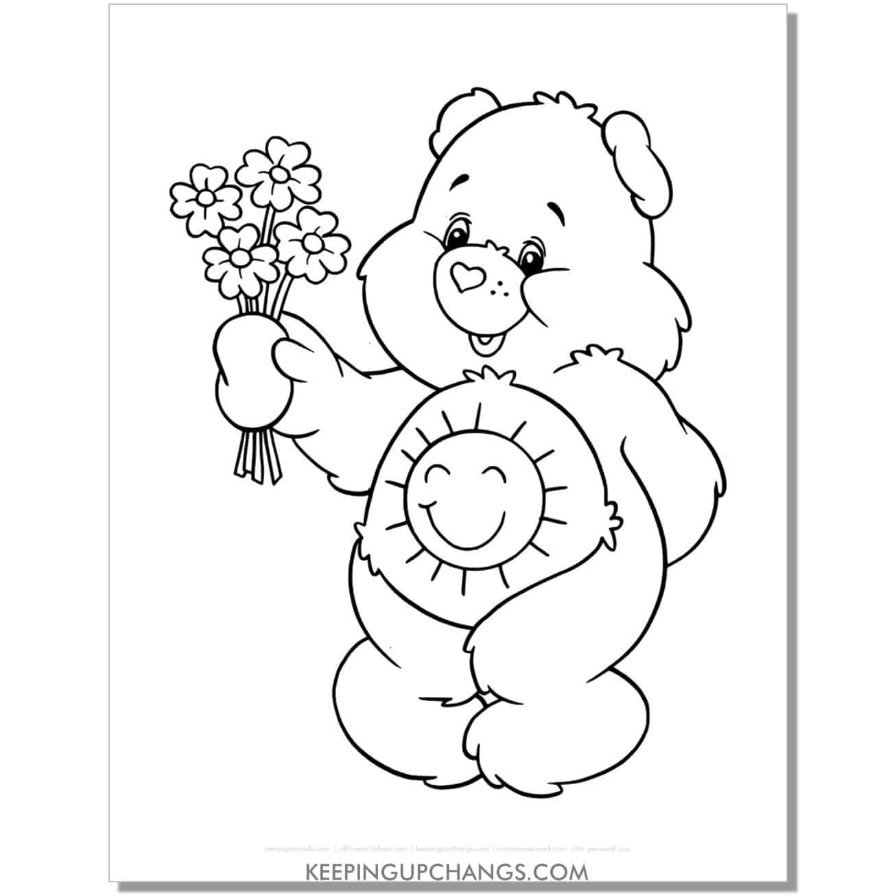 funshine bear with bunch of flowers care bear coloring page, sheet.