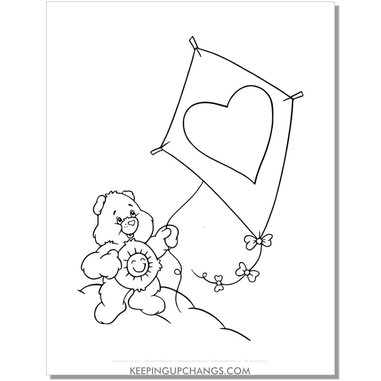 funshine bear flying heart kite care bear coloring page, sheet.