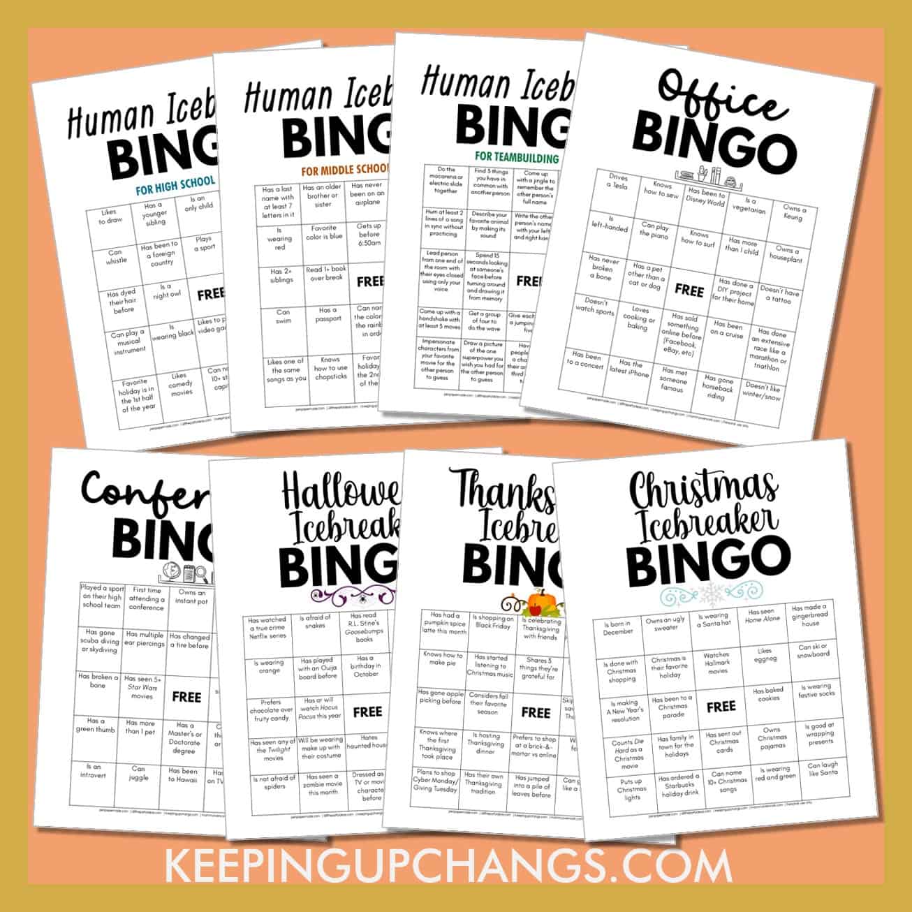 human icebreaker bingo with fun getting to know you facts for school, work, holidays, and more.