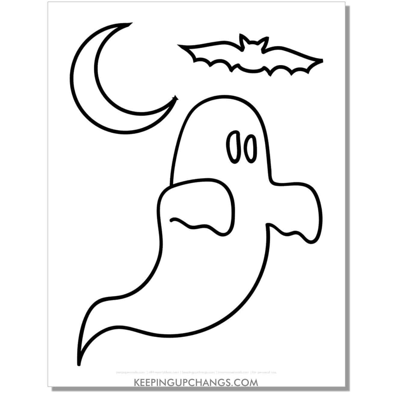 free simple ghost with moon and bat outline coloring page.
