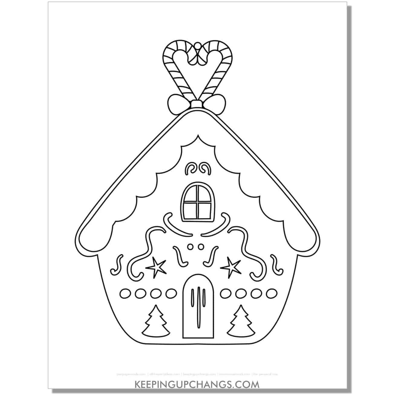 free gingerbread house with candy cane bow coloring page.