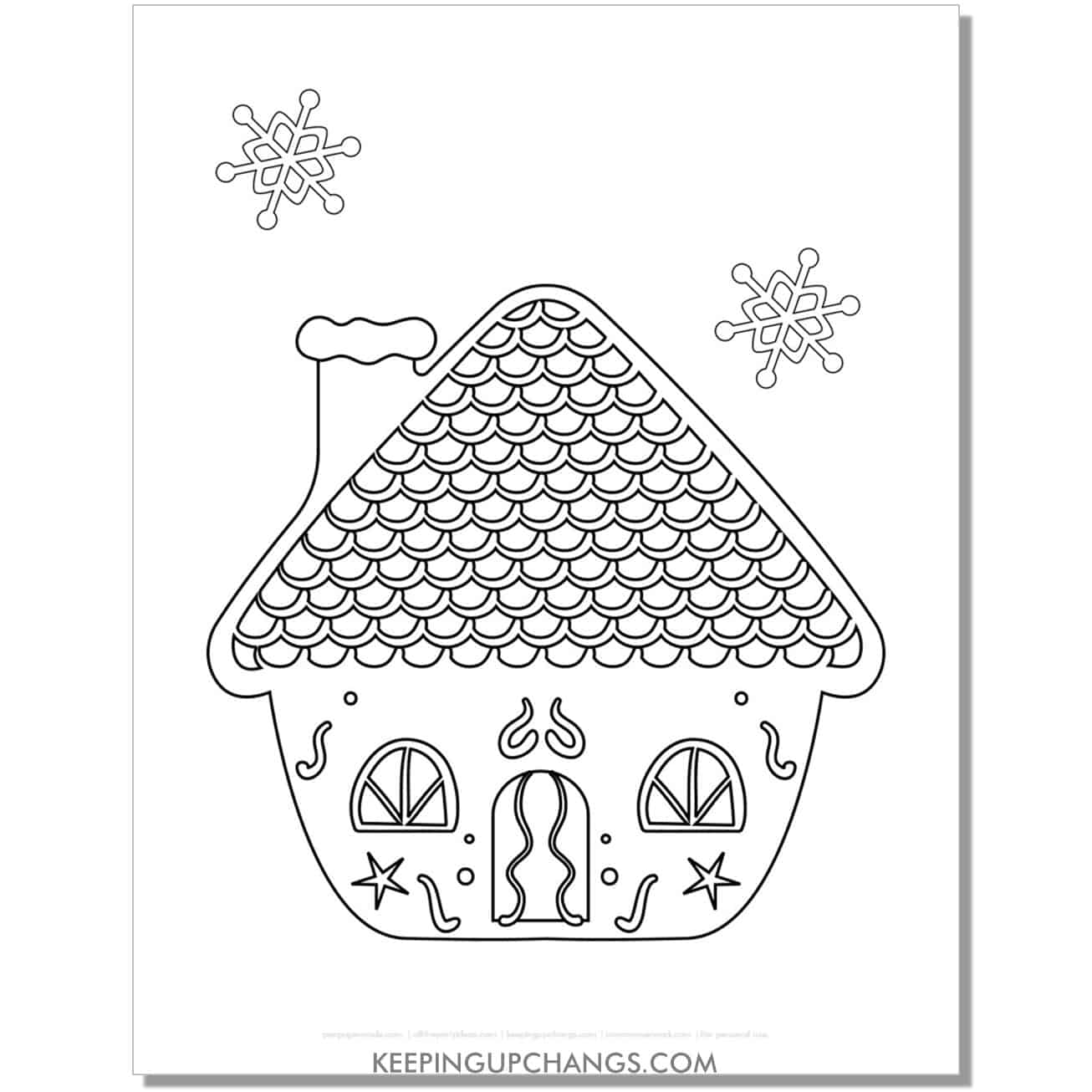 free gingerbread house with fancy, detailed roof coloring page.