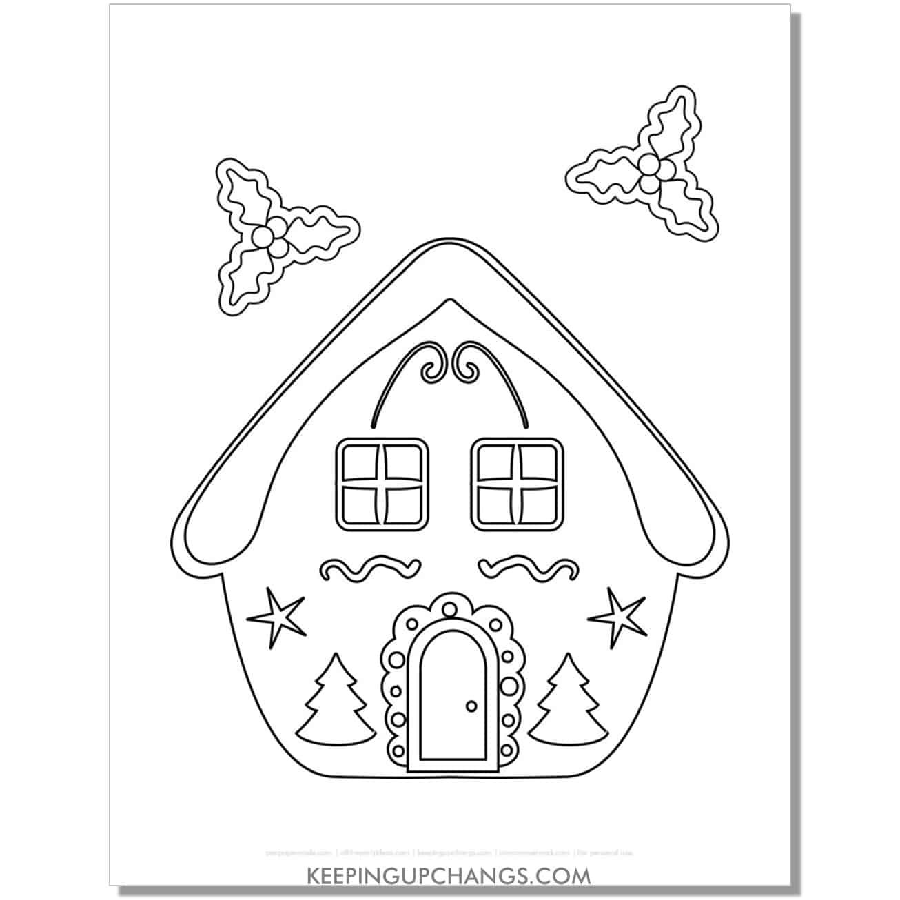 free gingerbread house with trees, stars, holly coloring page.