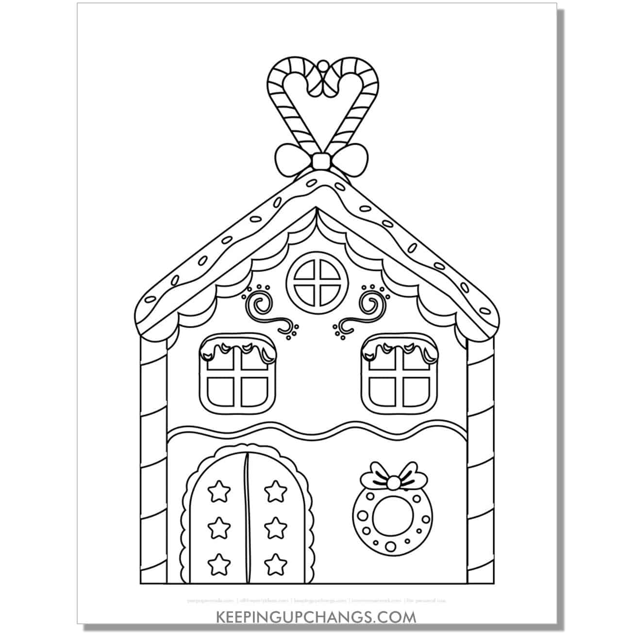 free detailed gingerbread house coloring page for kids.
