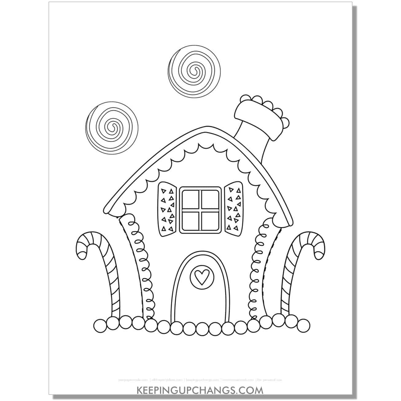 free quirky, whimsical gingerbread house coloring page.