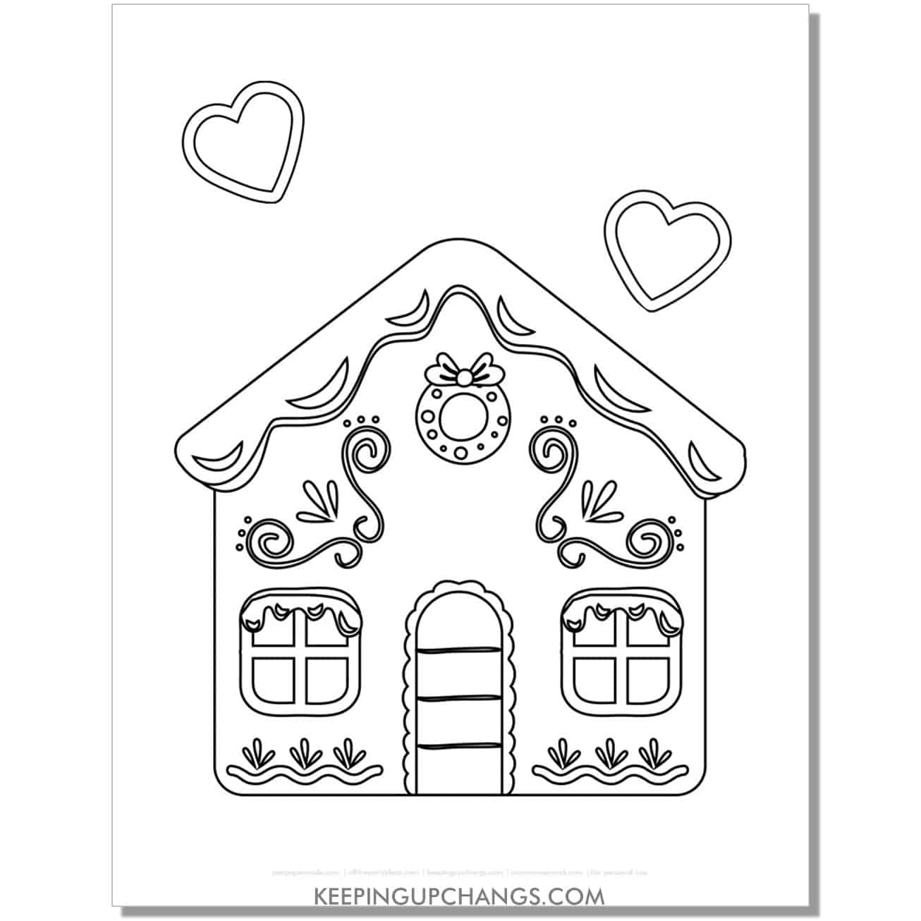 free gingerbread house with windows, hearts coloring page.