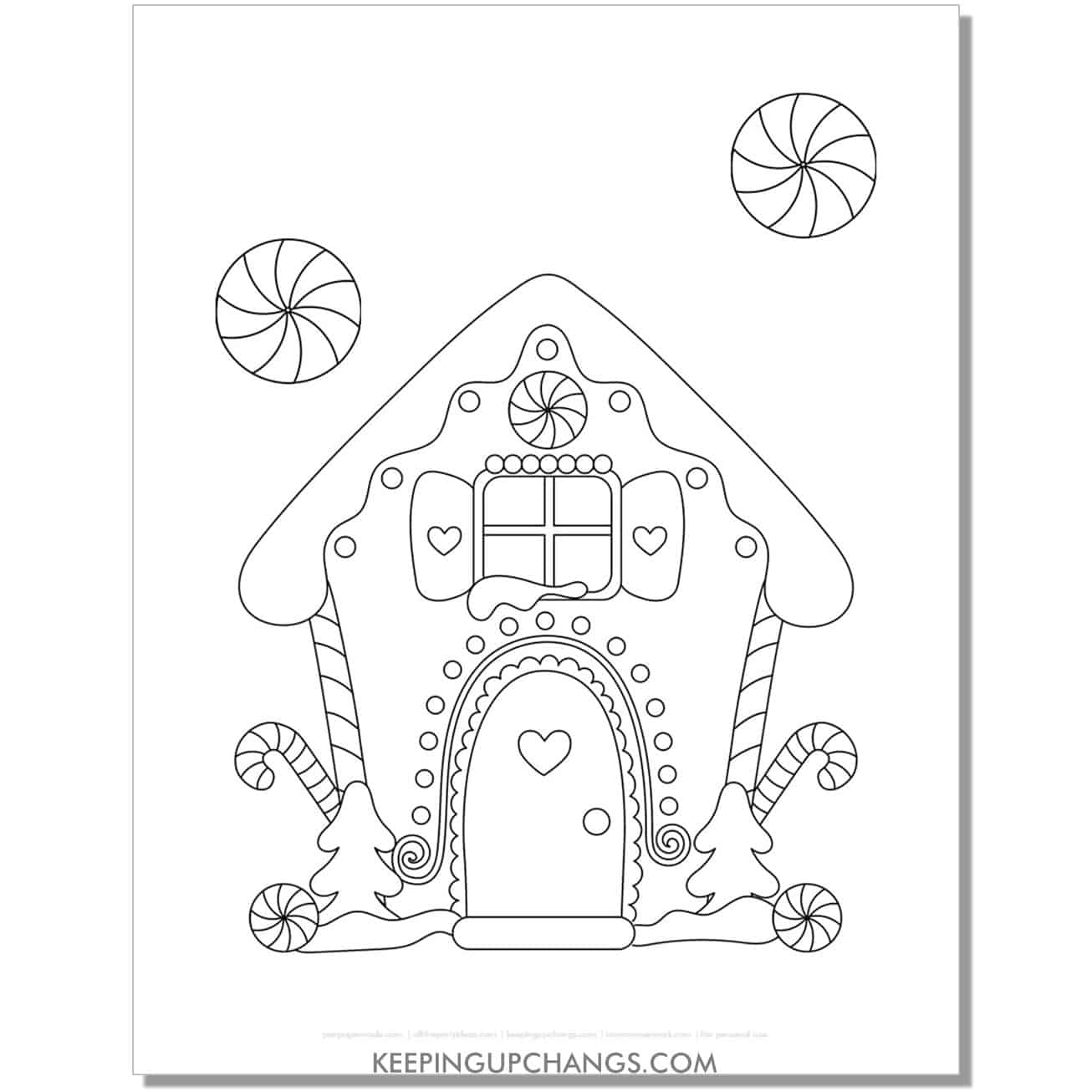 free gingerbread house with peppermint candy coloring page.