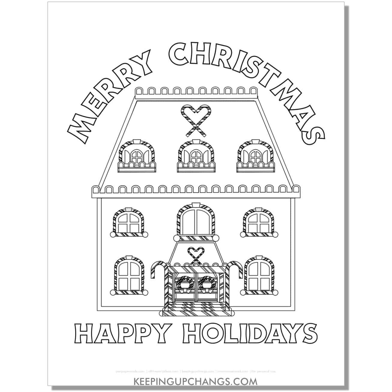 free merry christmas, happy holidays detailed gingerbread house coloring page.