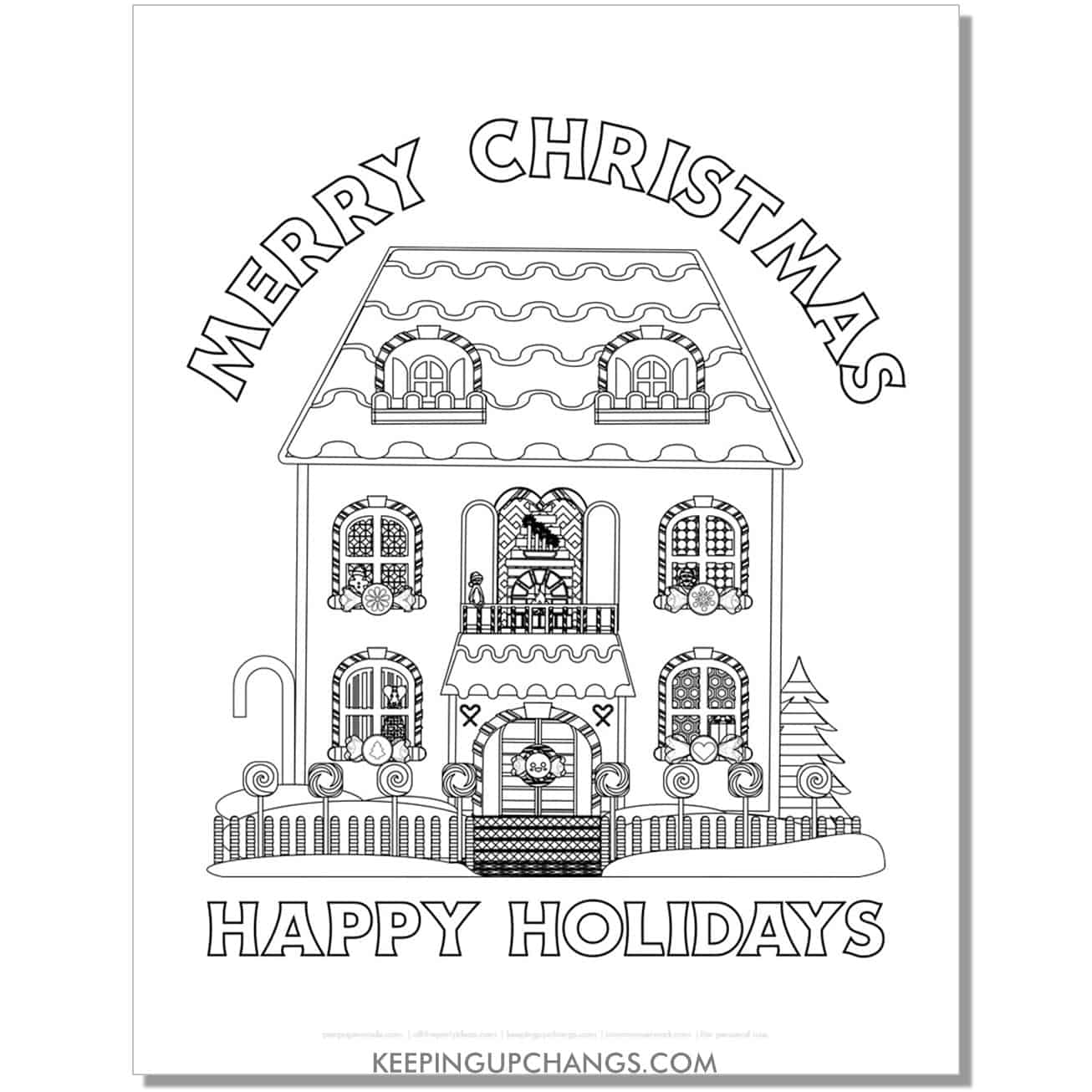 free merry christmas, happy holidays detailed gingerbread house with lollipop fence coloring page.