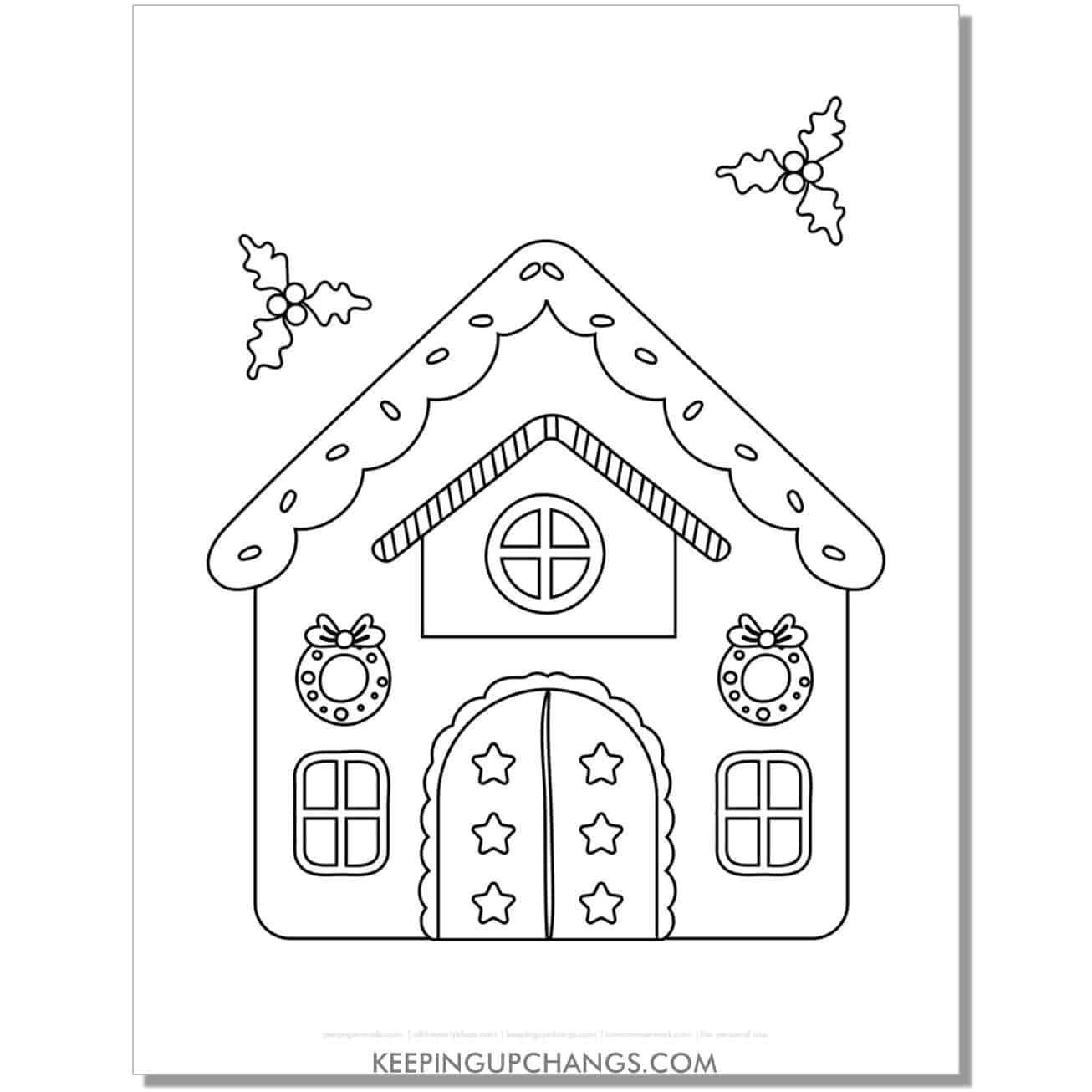 free easy gingerbread house with wreath, stars, mistletoe coloring page.