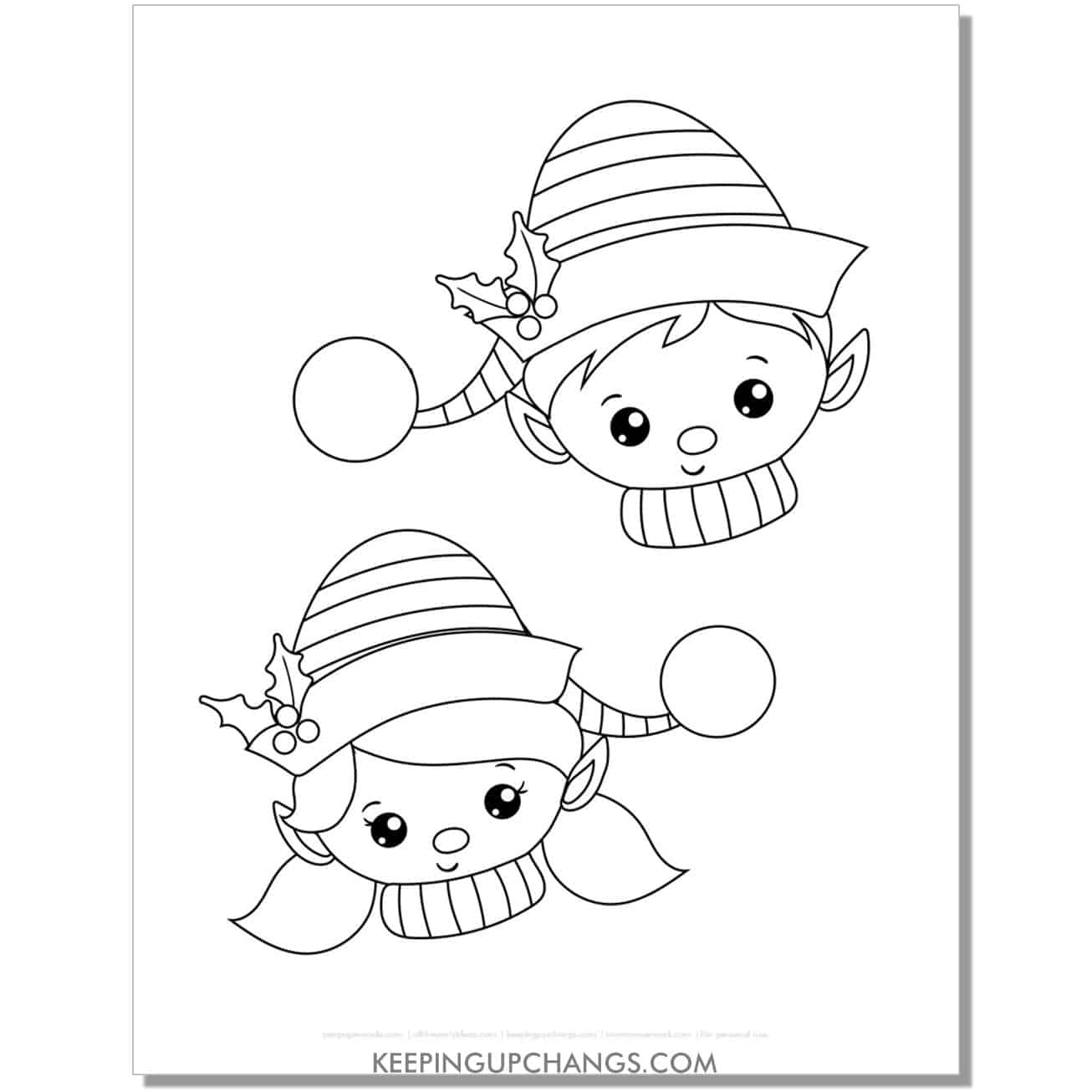 free kawaii boy and girl elf face coloring page.