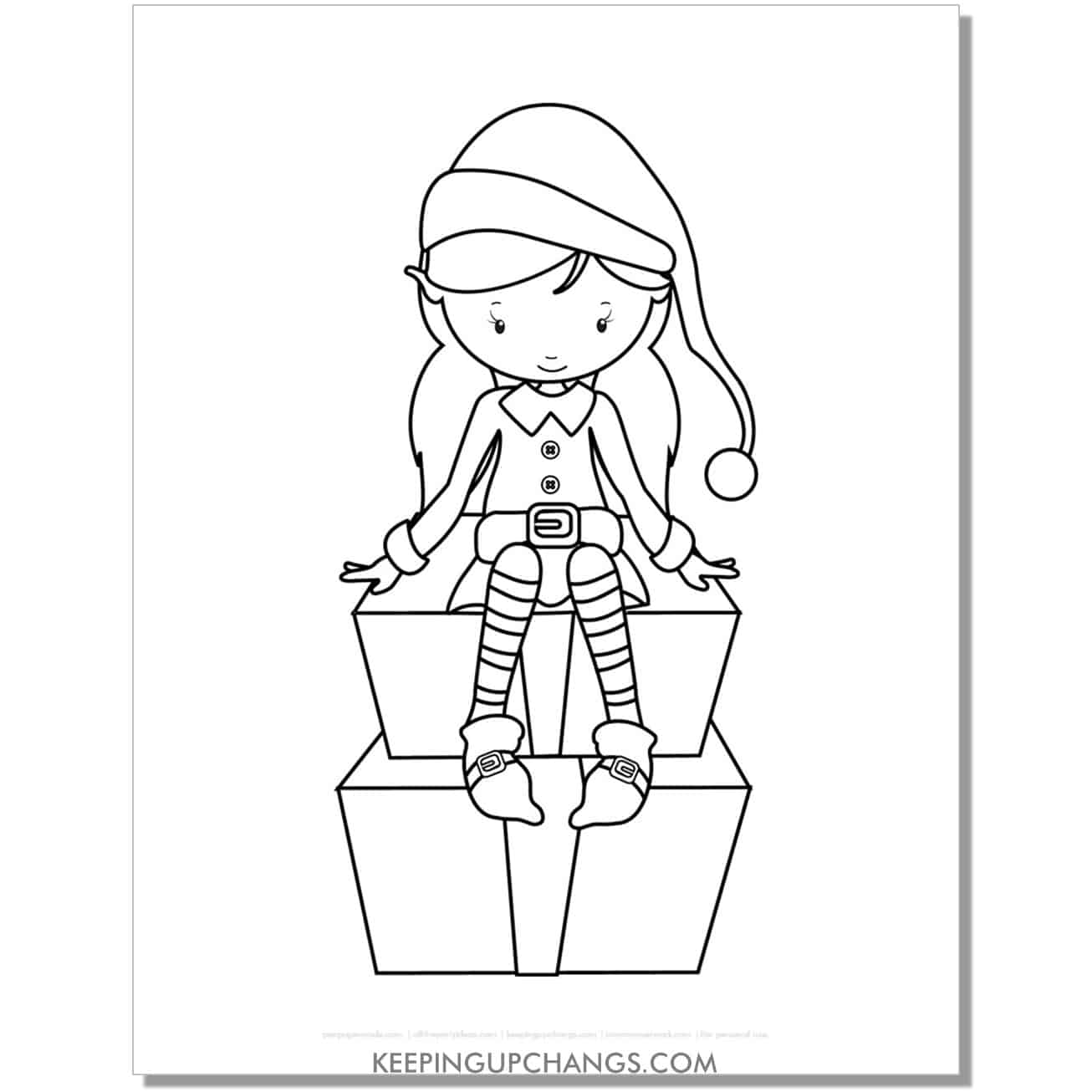 free cute girl elf sitting on gift tower coloring page.