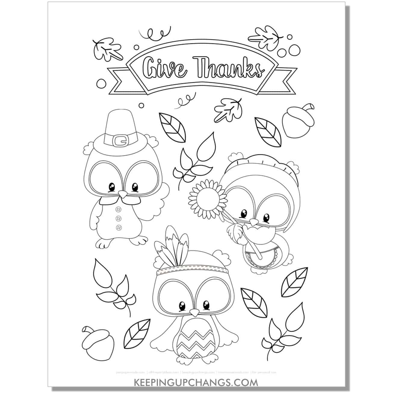 free give thanks pilgrim indian owl full size coloring page for fall, thanksgiving.