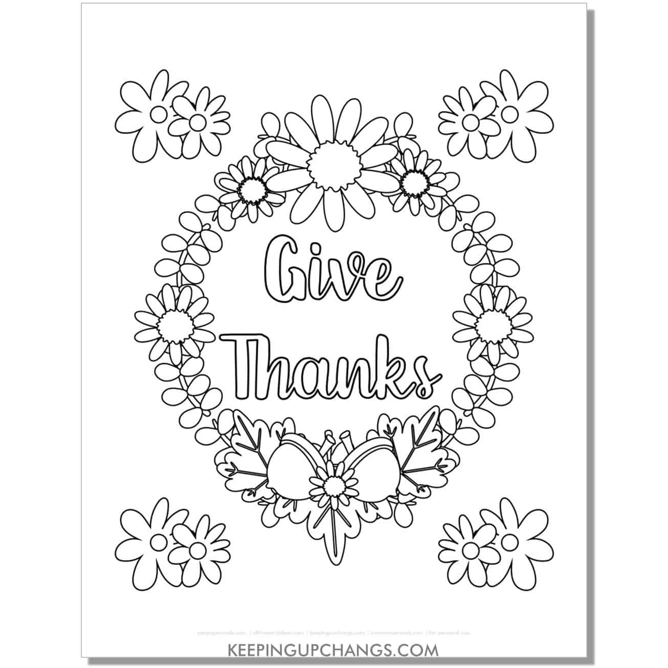 free floral give thanks coloring page for fall, thanksgiving.