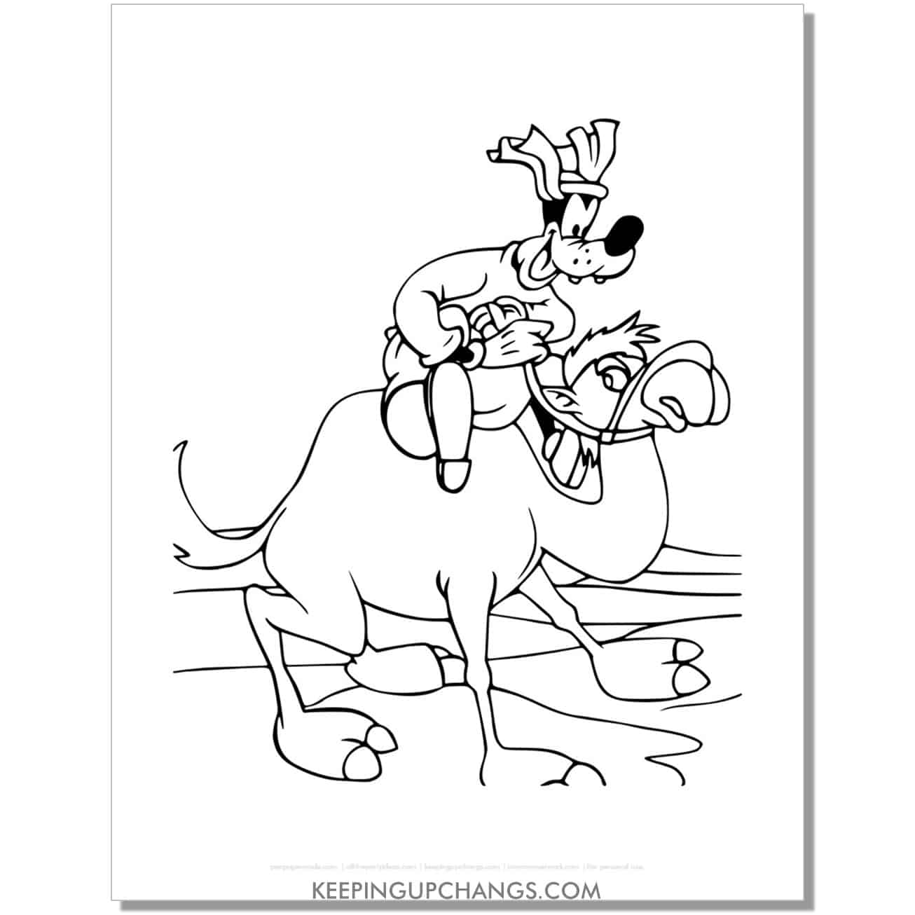 free goofy on camel's back coloring page, sheet.