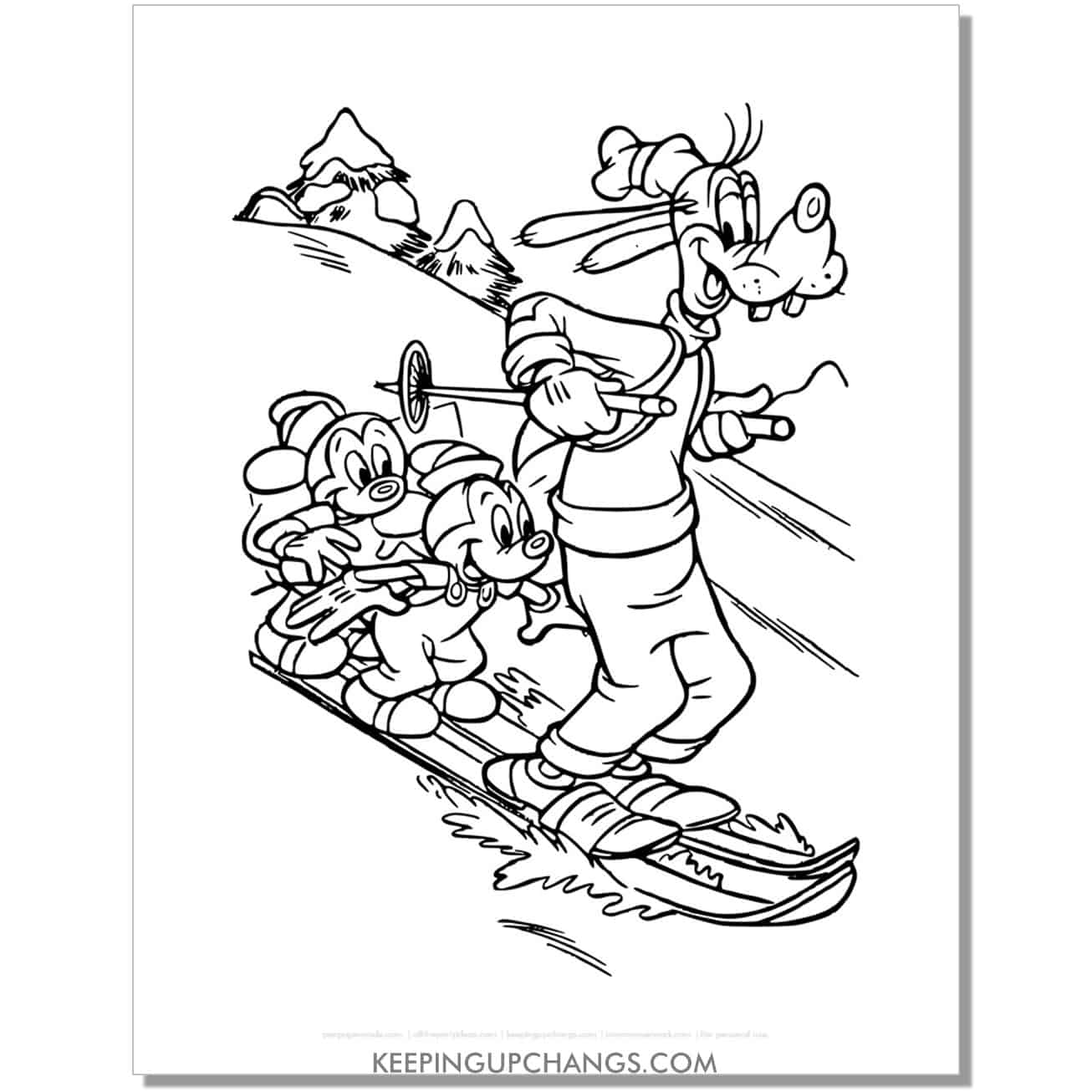 free goofy skiing down mountain with mice coloring page, sheet.