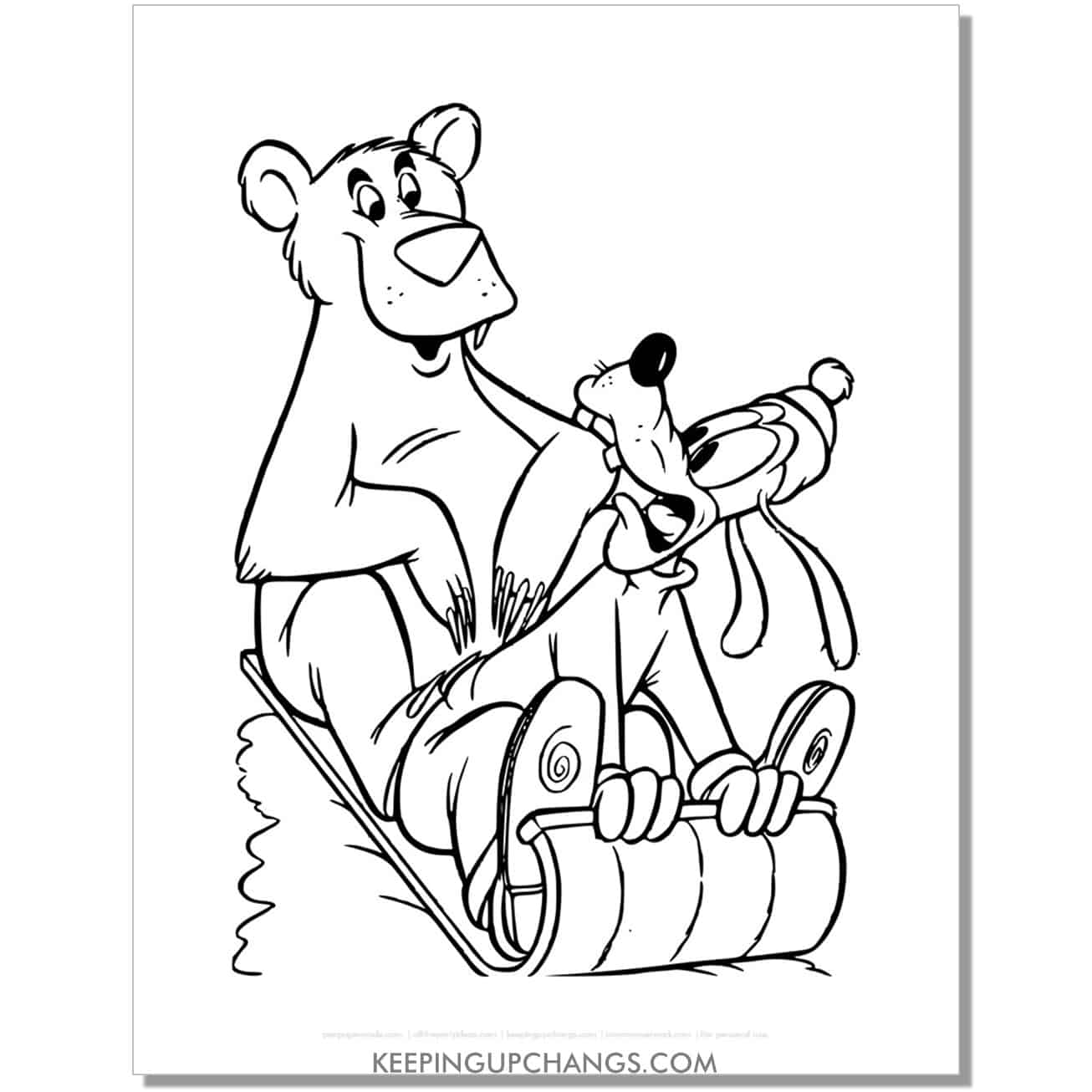free goofy on toboggan with bear coloring page, sheet.