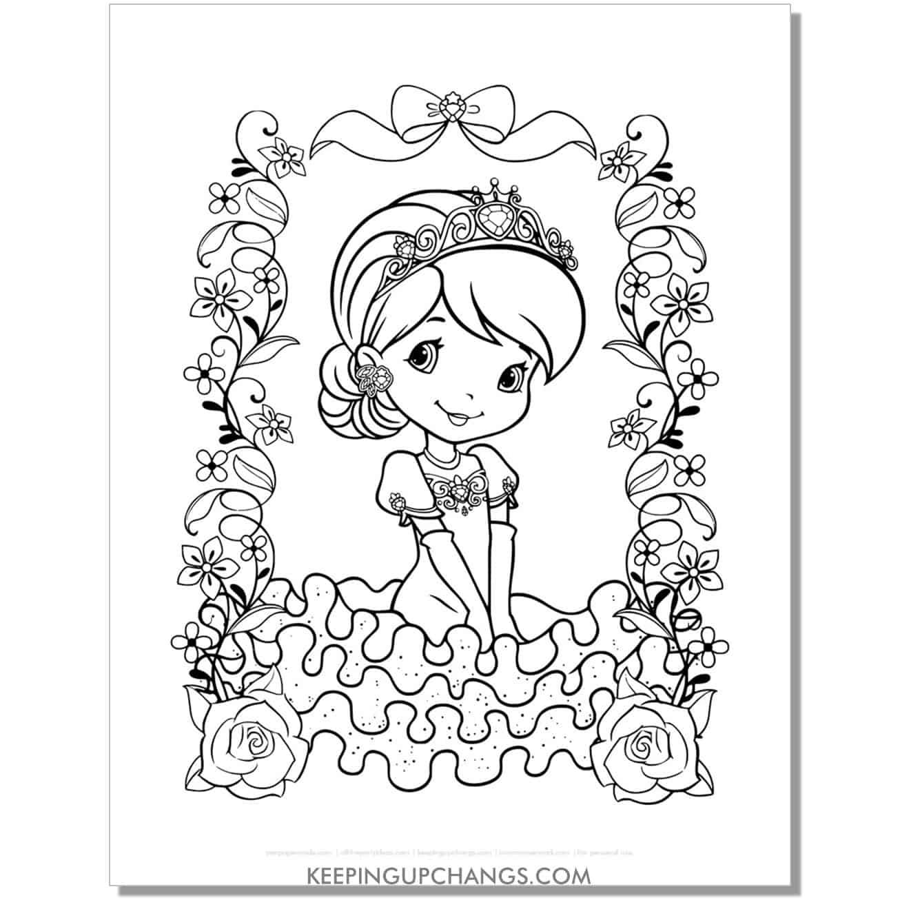 free tiara and floral frame strawberry shortcake coloring page, sheet.