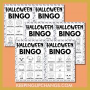 free fall halloween bingo 3x3 black white coloring game cards.