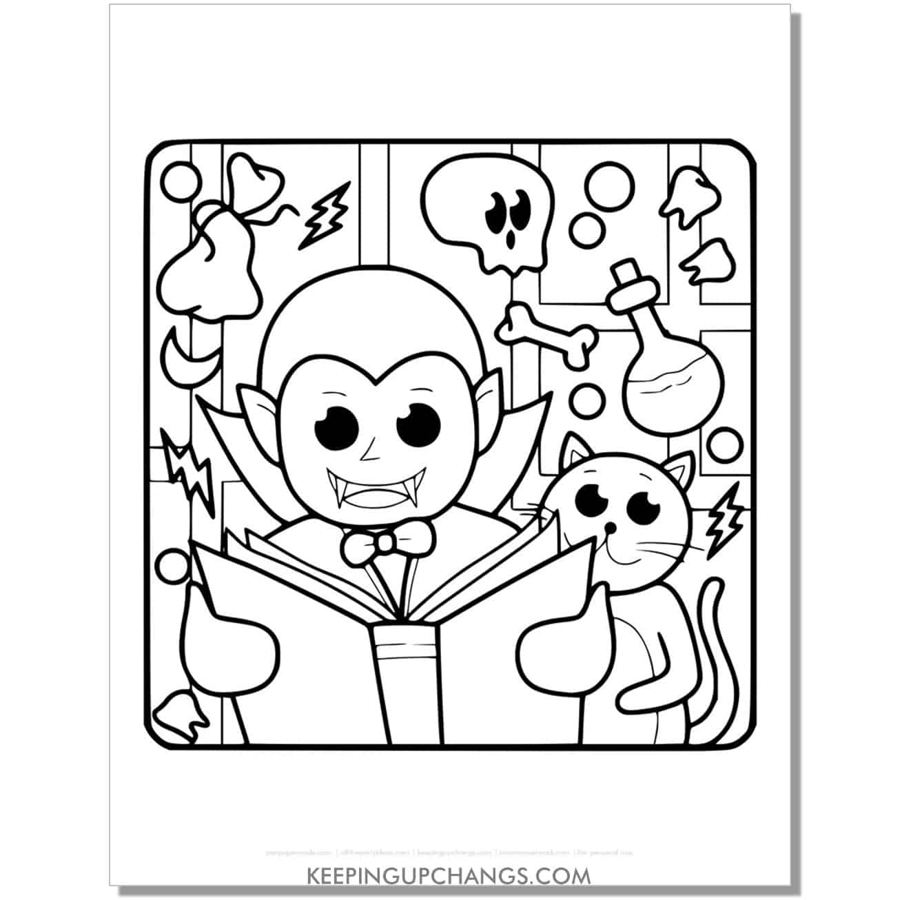 count dracula and halloween cat coloring page for kids.