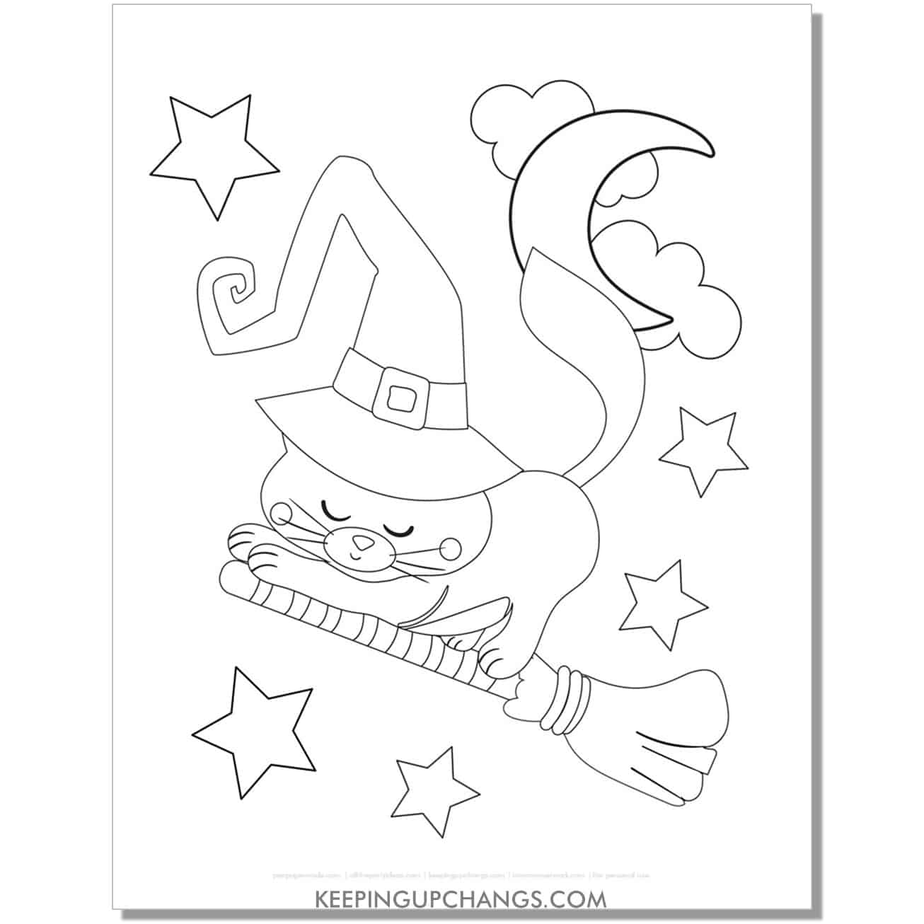 adorable halloween cat on flying broom coloring page.