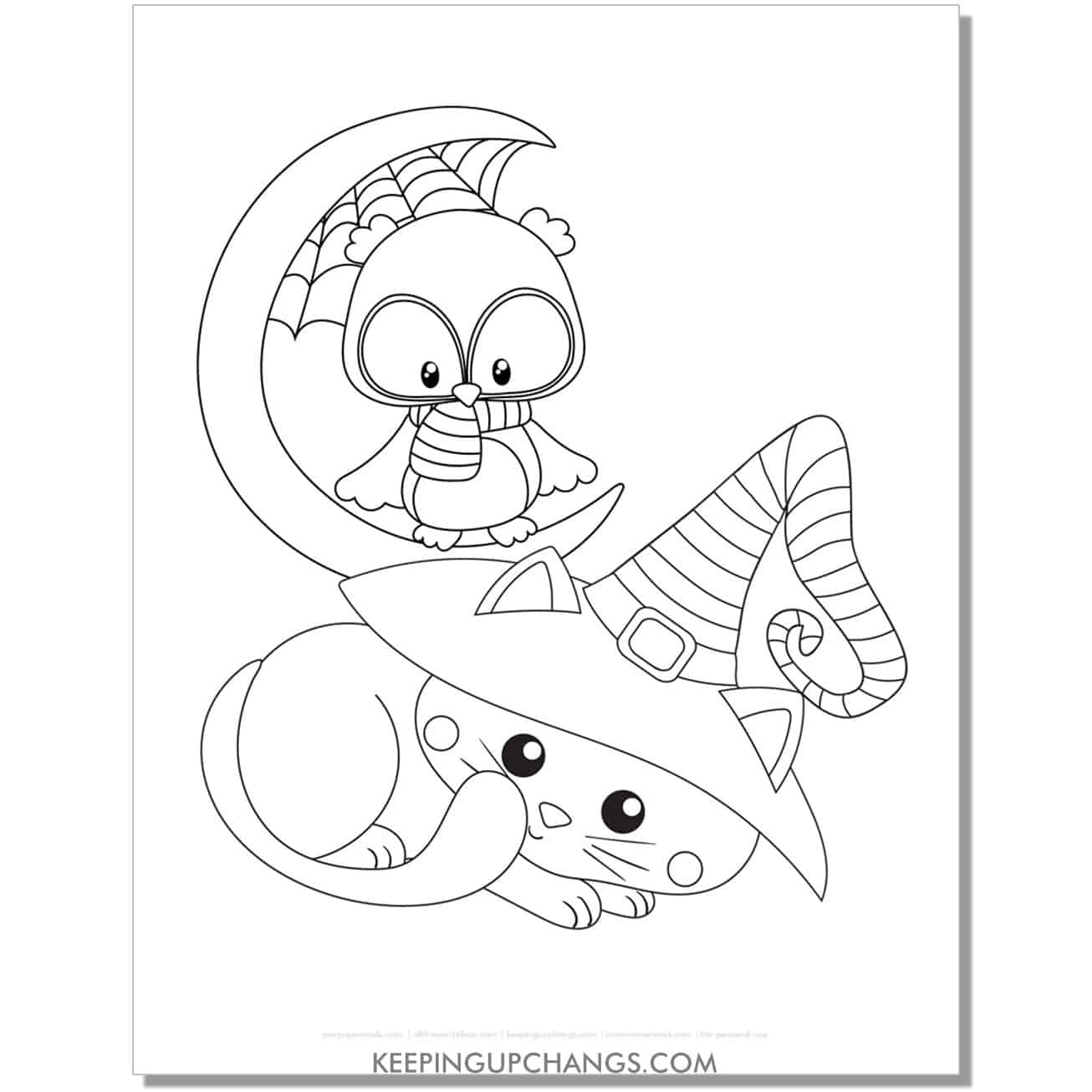 adorable halloween cat with owl coloring page.