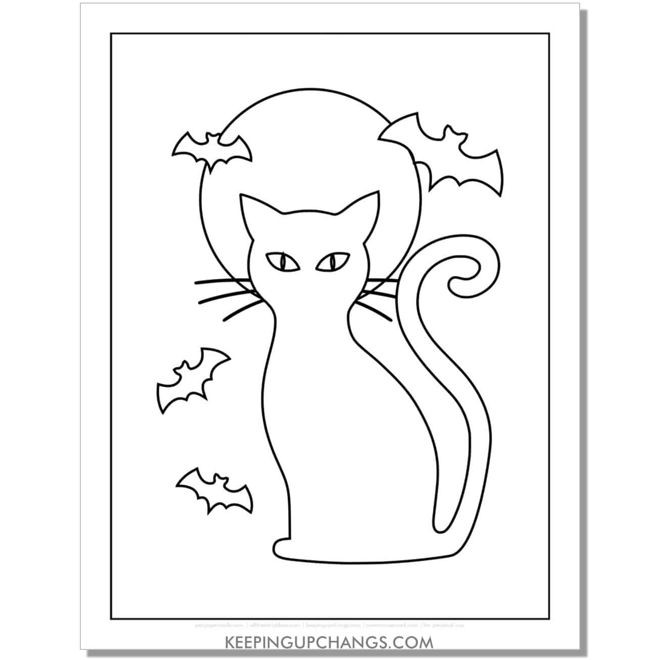 scary halloween cat outline with full moon and bats coloring page.