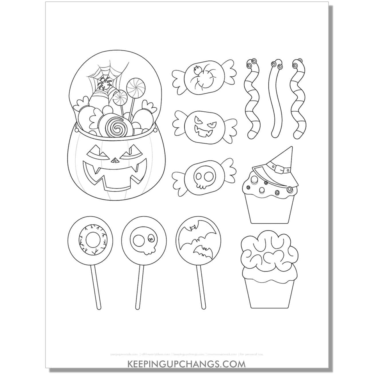 free halloween jack o lantern trick or treat candy and desserts coloring page.