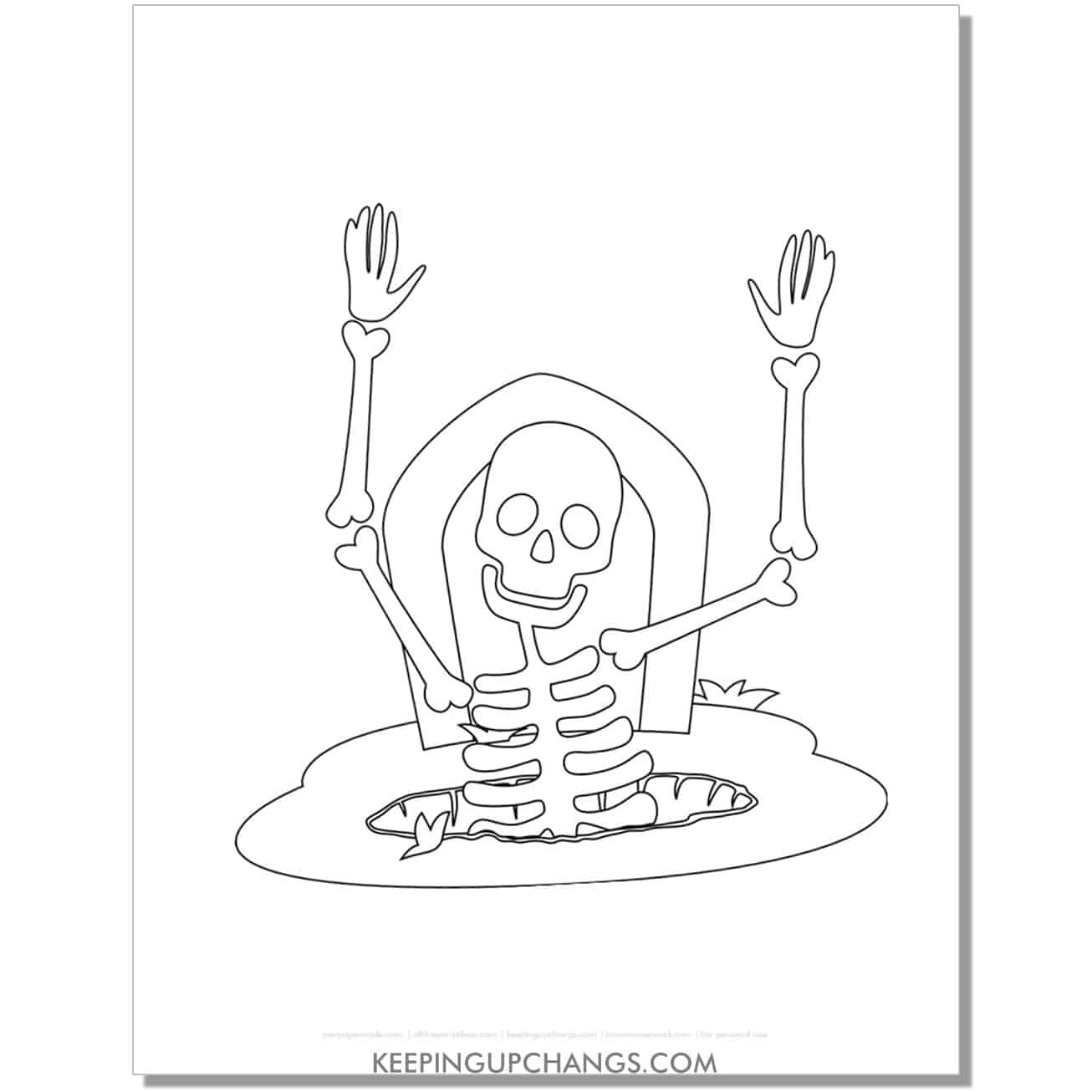free cute halloween skeleton popping out of grave coloring page.