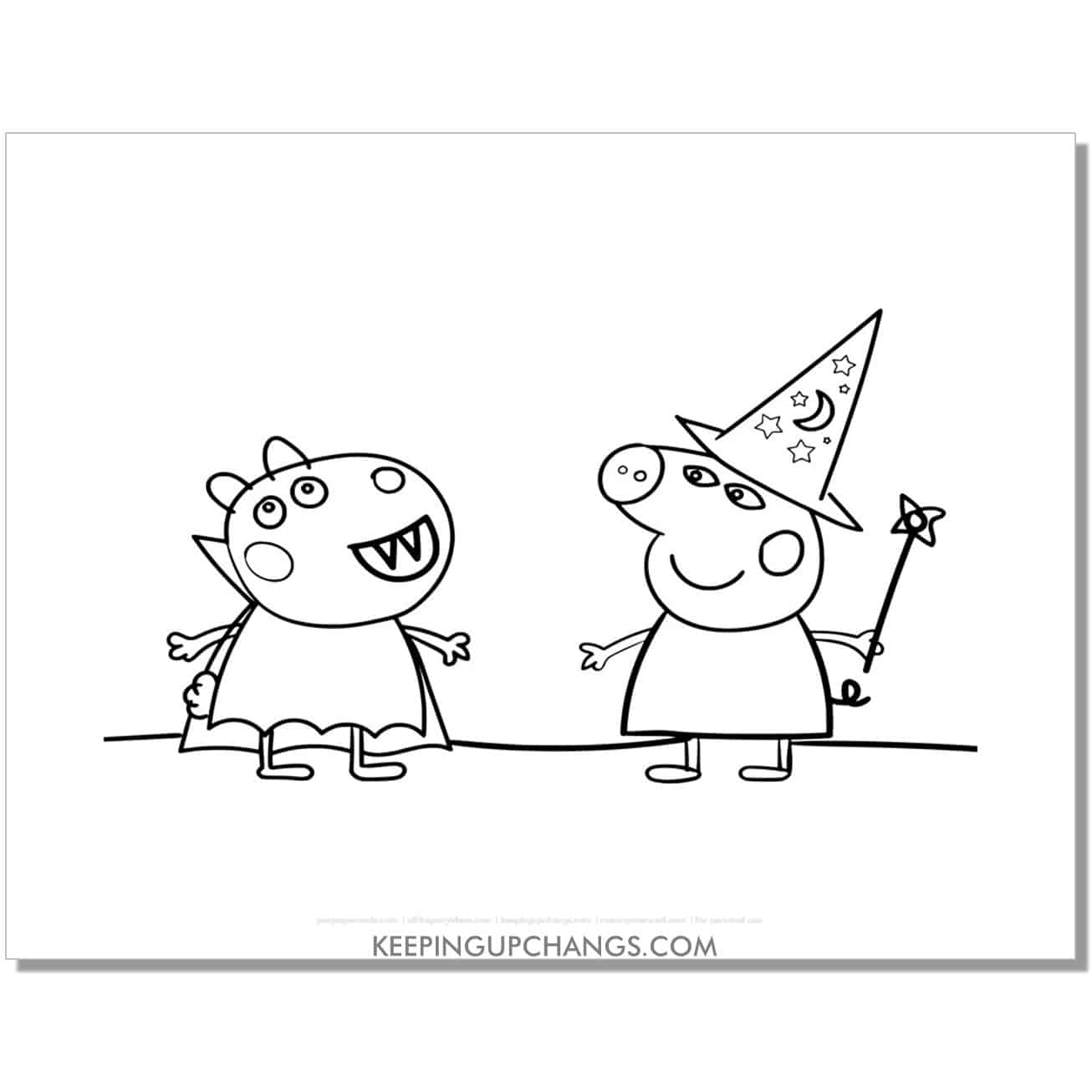 free wizard peppa pig and bat suzy sheep coloring page, sheet.