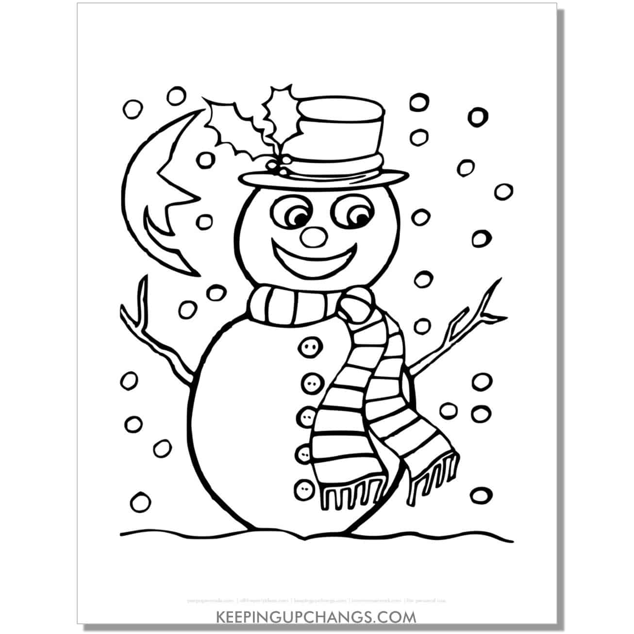 free vintage snowman with holly, hat, scarf coloring page.