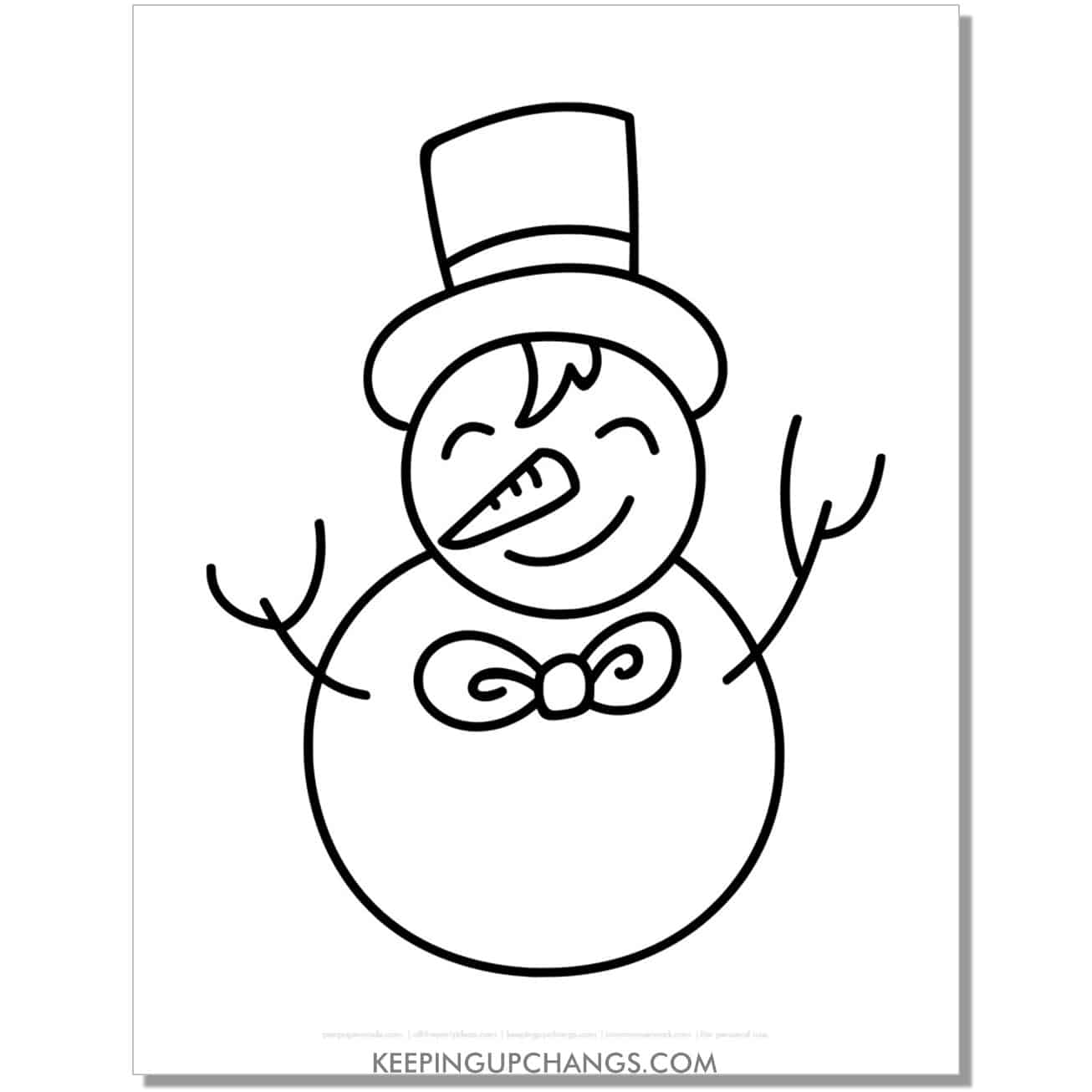 free snowman with top hat, bowtie drawing coloring page.