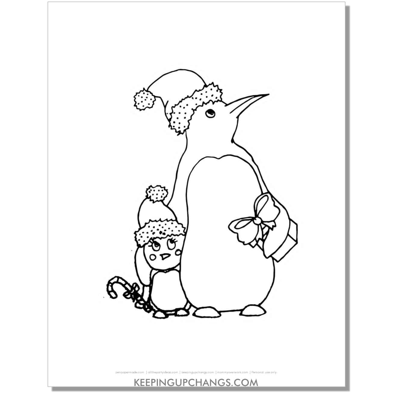 free vintage penguin with gift, puppy coloring page.