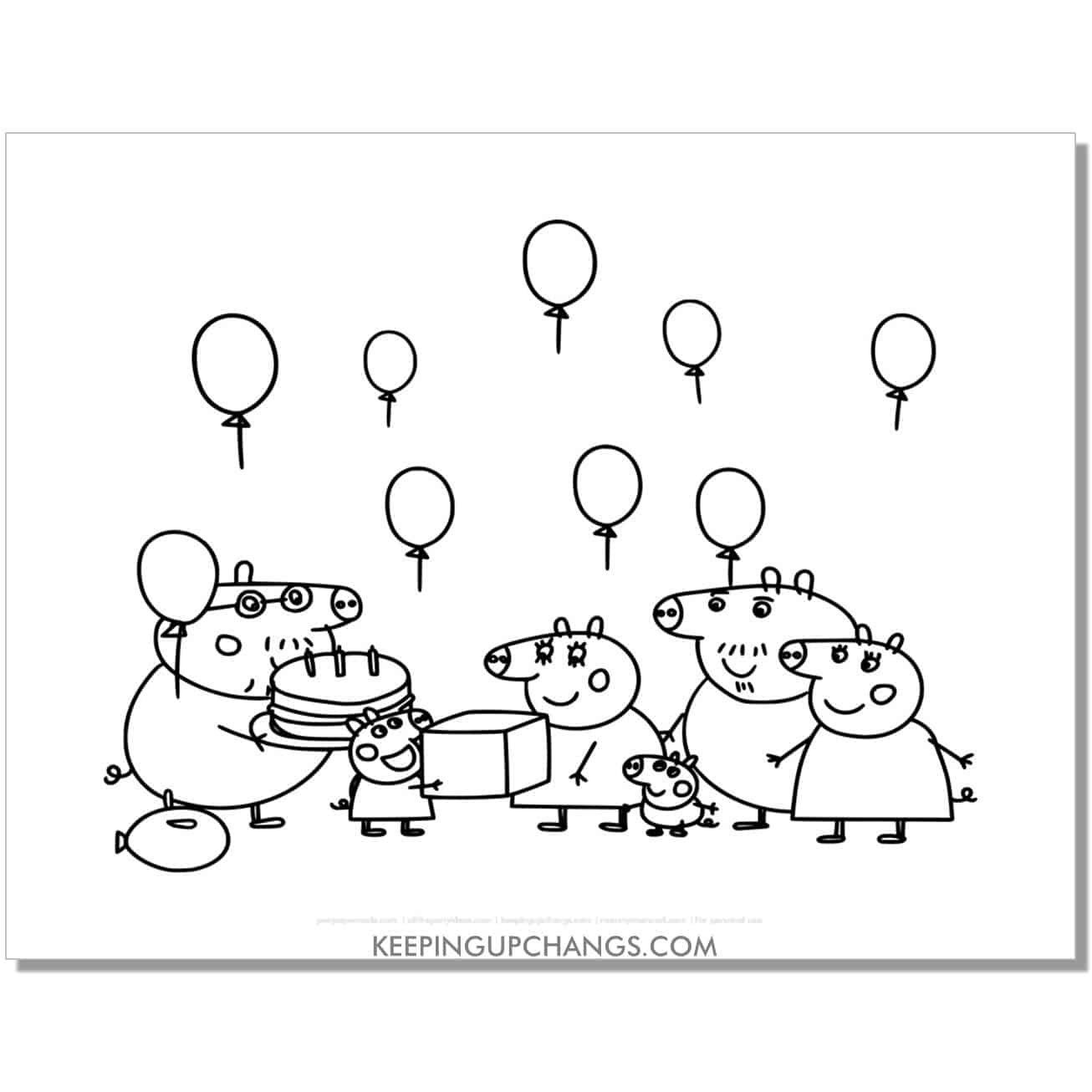 free happy birthday party cake and balloons peppa pig coloring page, sheet.
