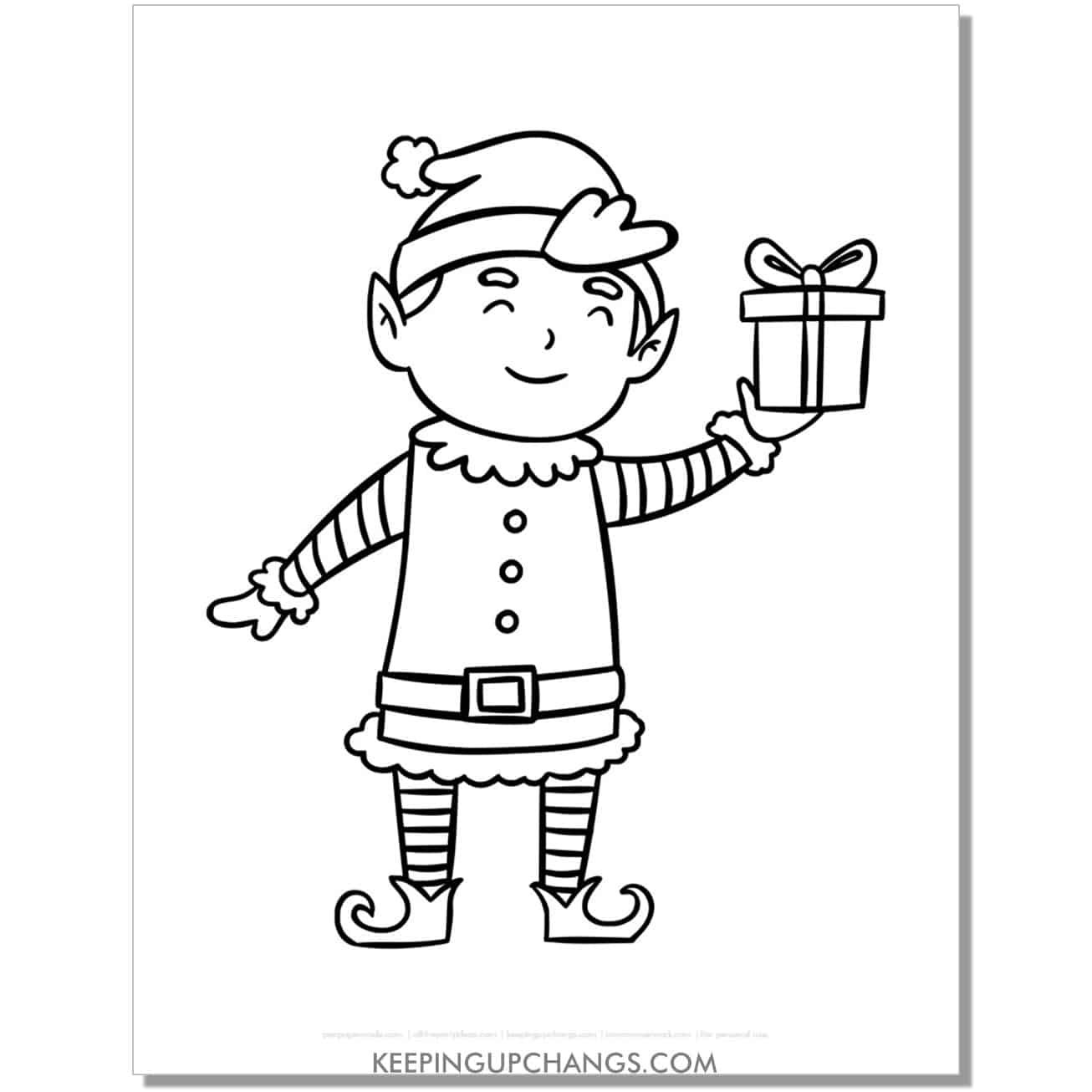 free cute smiling boy elf holding present coloring page.