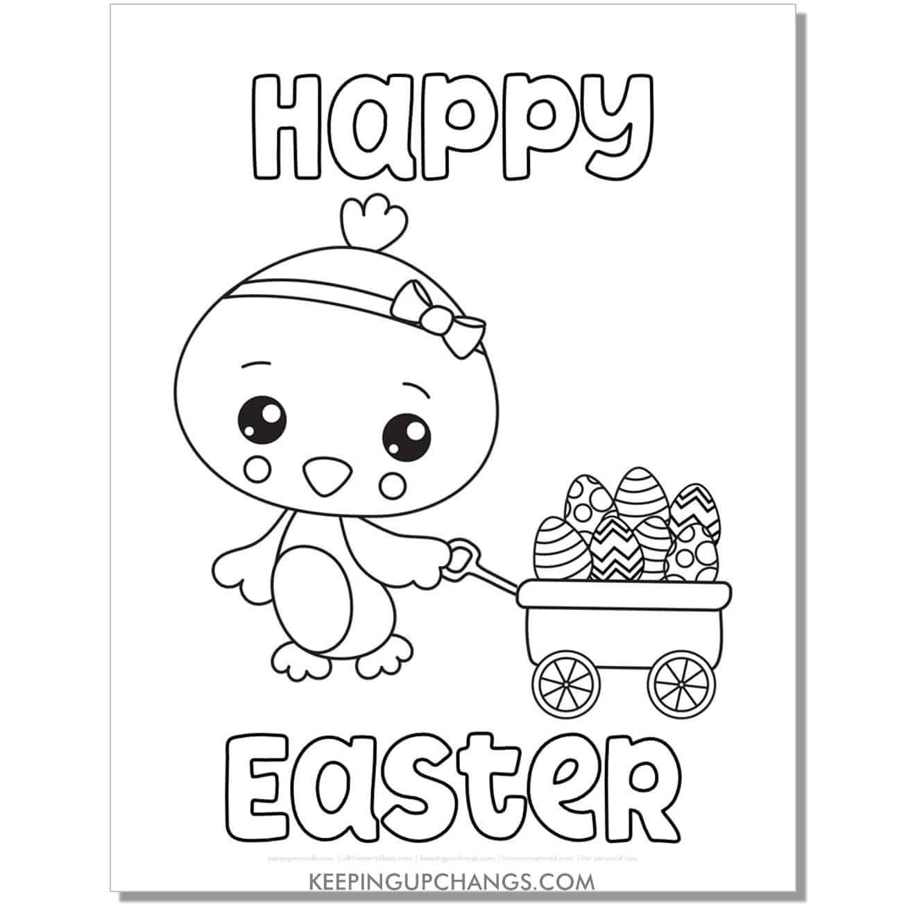 happy easter chick with wagon of eggs coloring page, sheet.