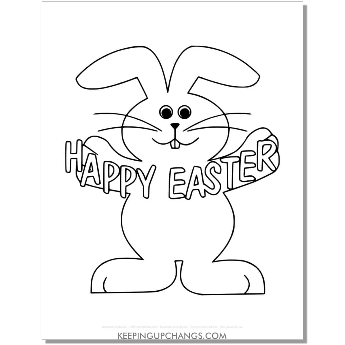 happy easter bunny holding banner coloring page, sheet.