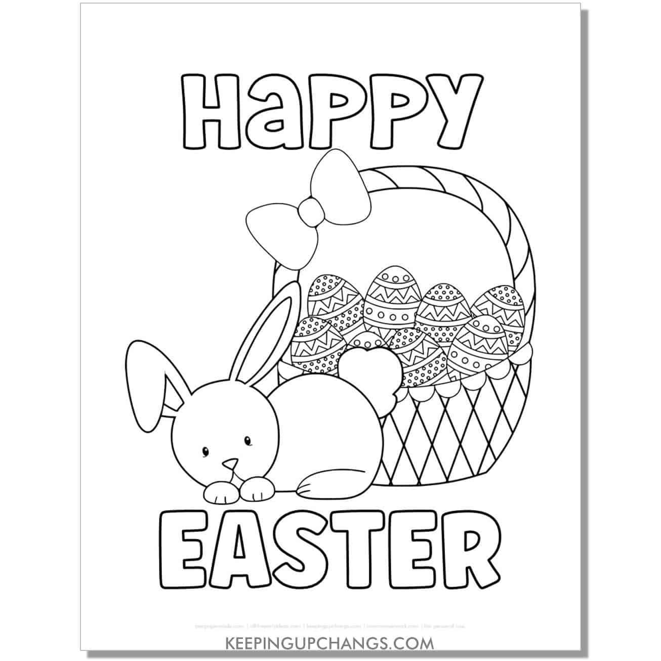 Bunny sitting on all paws in front of Easter basket with lots of eggs coloring page, sheet.