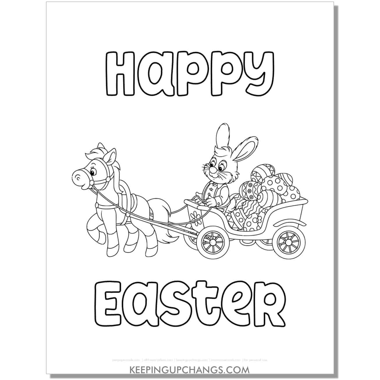 happy easter bunny with cart full of eggs coloring page, sheet.