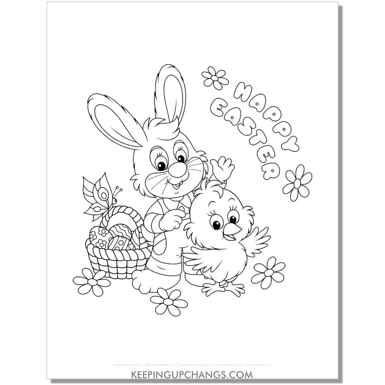 happy easter bunny and chick coloring page, sheet.