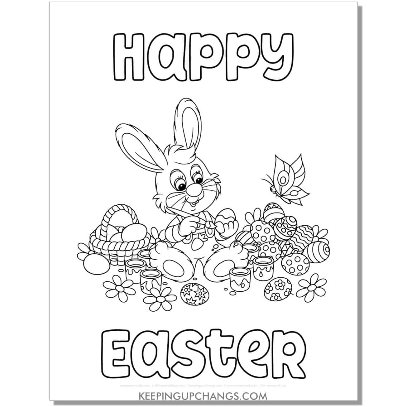 happy easter bunny painting eggs coloring page, sheet.