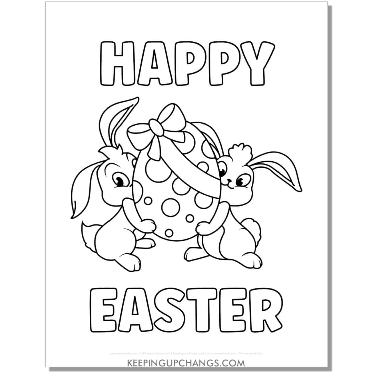 happy easter bunnies holding egg up coloring page, sheet.