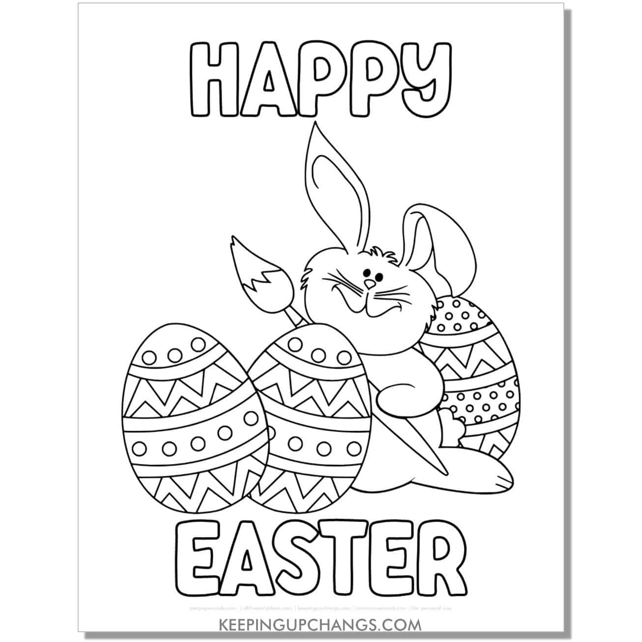 happy easter bunny with paintbrush for eggs coloring page, sheet.