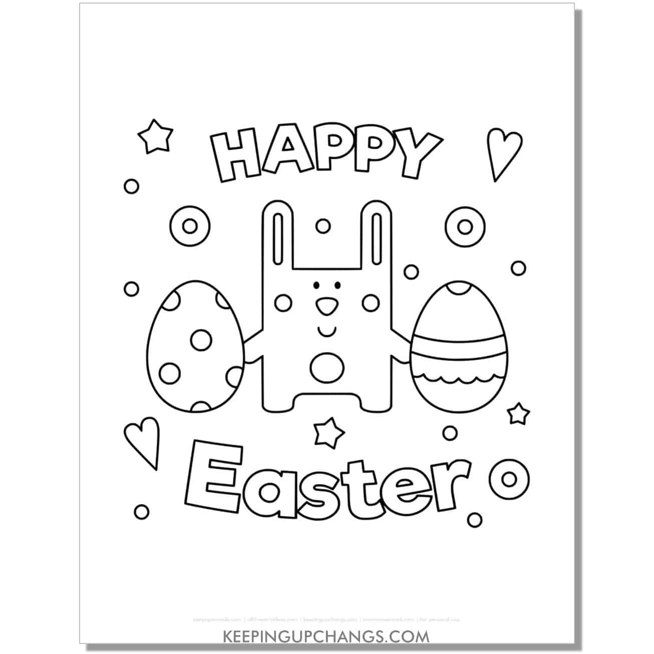 happy easter bunny with stars, hearts, confetti coloring page, sheet.